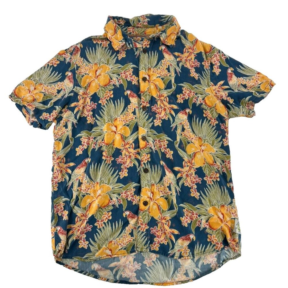 Margaritaville Hawaiian Shirt Mens Large Blue Floral Parrot Print Button Up